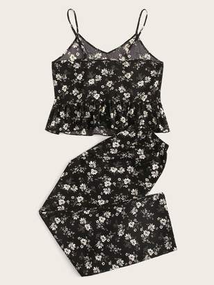 Shein Floral Print Ruffle Cami Pajama Set