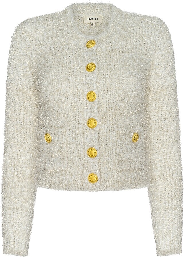 L'Agence Women's Una Tweed Knit Cardigan - Ivory Gold Lurex Multi - Size XS