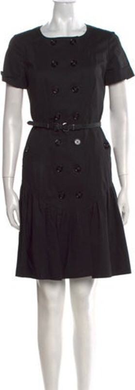 Burberry London A-Line Dress Black Ruffle Embellishment Short Sleeve with Scoop Neck Button Closure at Front Designer size 38.