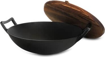 General Store Addlestone 14" Heavy Duty Cast Iron Wok with Wood Lid in Black