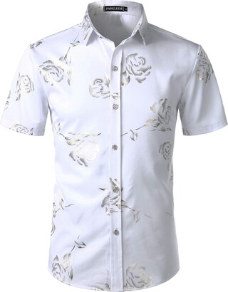PARKLEES Men's Luxury Paisley Shiny Printed Slim Fit Short Sleeve Button Up Dress Shirt White Gold XXL