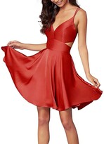Thumbnail for your product : DELEND Womens Summer Sexy V-Neck Homecoming Dress Satin Spaghetti Straps A-line Evening Party Dresses Wedding Bridesmaid Short Swing Dress-Burgundy_M