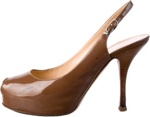 Giuseppe Zanotti Patent Leather Slingback Pumps Neutrals Peep-Toes Platform Straps & Buckle Closure at Ankles