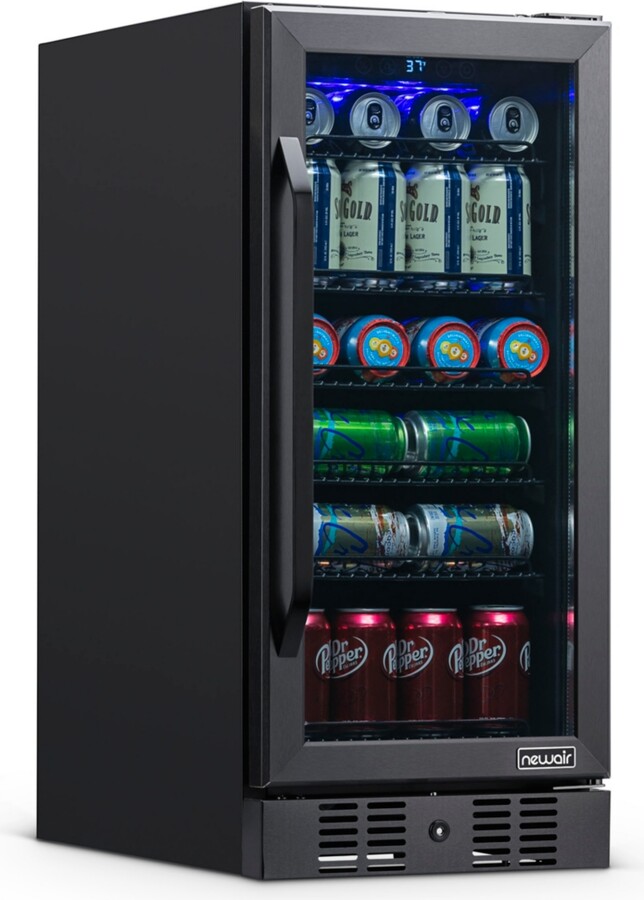 NewAir 15" Builtin 96 Can Beverage Fridge in Black Stainless Steel