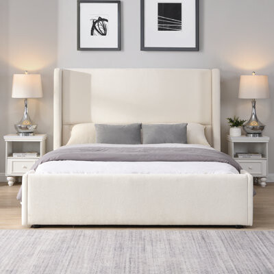 Latitude Run Elegant White Fabric Upholstered Bed With Tall Wingback Headboard, White