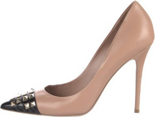 Valentino Leather Pumps Black & Neutrals Colorblock Pattern Rockstud Accents Semi-Pointed Toes with Studded Accents Includes Dust Bag Designer