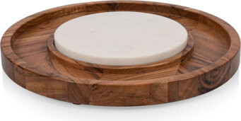 Millwood Pines Isla Serving Platter with Marble Cheeseboard Insert - Acacia Wood Charcuterie Board Set - Round Serving Tray Danchak