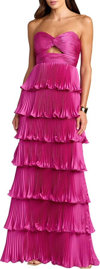 Mac Duggal Pleated Charmeuse Strapless Tiered Ruffle Gown