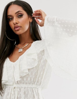 ASOS DESIGN long sleeve sheer top with lace up detail in metallic dobby