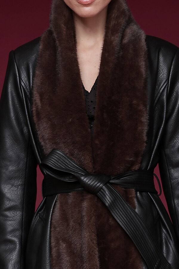 AVEC LES FILLES Faux Fur Trimmed Faux Leather Wrap Coat Jacket in Black