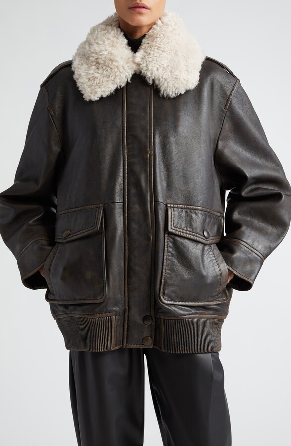 Shearling Collar Black Leather Jacket