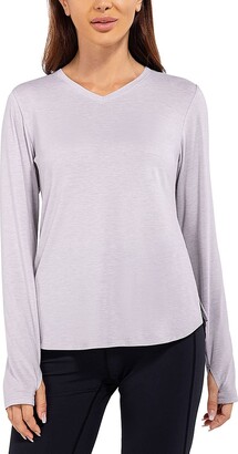 BALEAF Women's V-Neck Long Sleeve Sports Running Tops Shirts with Thumb Hole  Quick-Dry Fitness T-Shirt Tops for Workout Pink Size S - ShopStyle