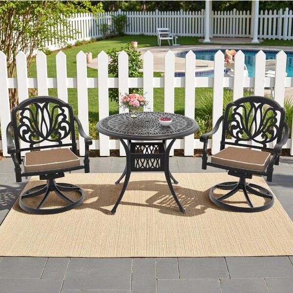 Airmis Inc 3-PieceRoundCastAluminumPatioSetwithSwivelChairsBrownCushionsandUmbrellaHole