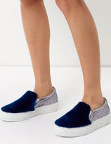 Thumbnail for your product : Joshua Sanders Silver Glitter & Fur Slip-On Sneakers