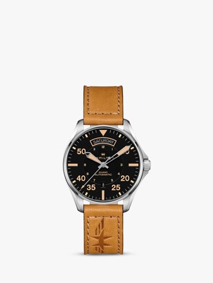 Hamilton H64645531 Men's Khaki Pilot Day Date Automatic Leather Strap Watch, Tan/Black