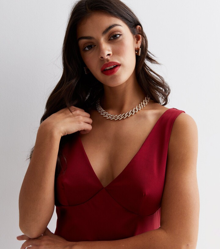 Gini London Burgundy Satin V Neck Midi Slip Dress ShopStyle