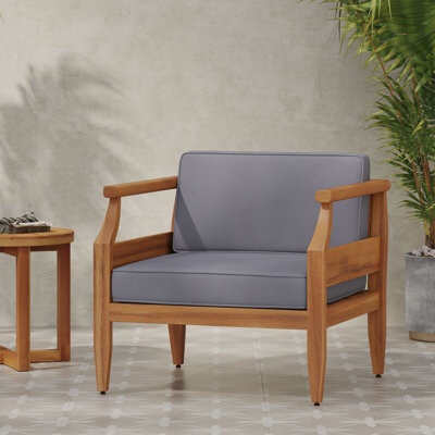 One Allium Way Laurent Acacia Wood Teak Outdoor Club Chair with Thick Cushion 400lbs Capacity