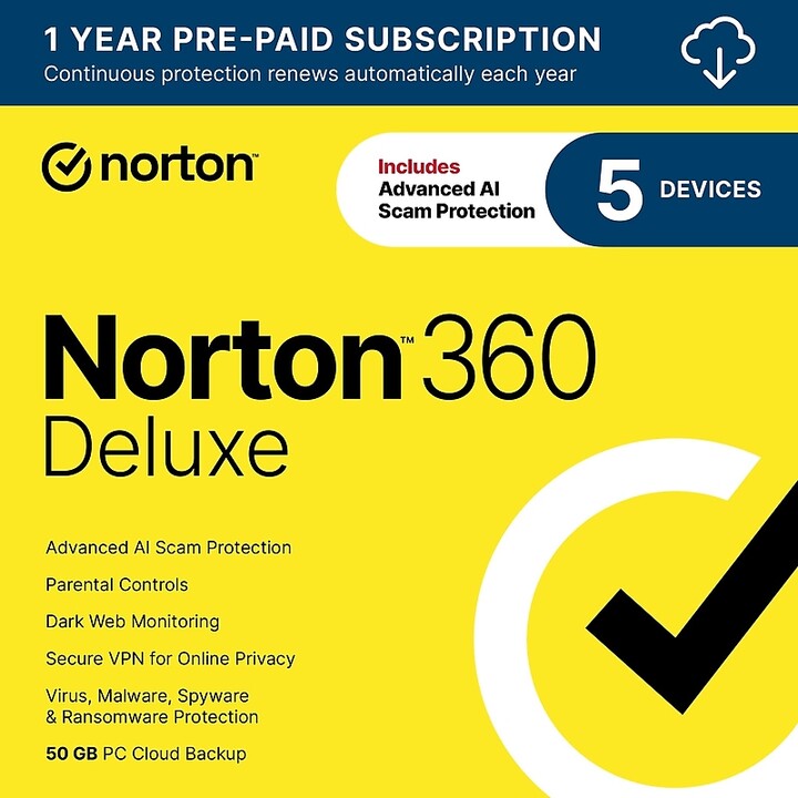 Norton Co. 360 Deluxe AntiVirus Software for 5 Devices, Windows/Mac/Android/iOS, Download (21390623)