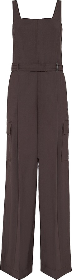 Brunello Cucinelli Women's Tropical Luxury Wool Jumpsuit with Monili - Cocoa - Size Small