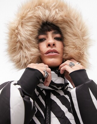 Topshop Sno ski coat with belt and fur trim hood in zebra print - ShopStyle