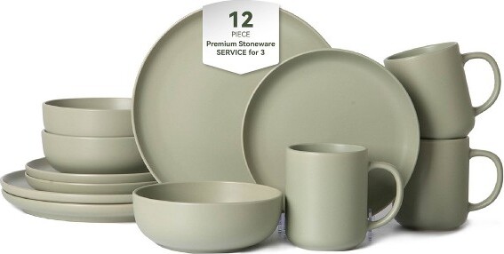 AGHANA DIGITALS AghanaDigitals12-PieceStonewareDinnerwareSet:3-PersonStackableMatteGlazePlatesBowls&Green