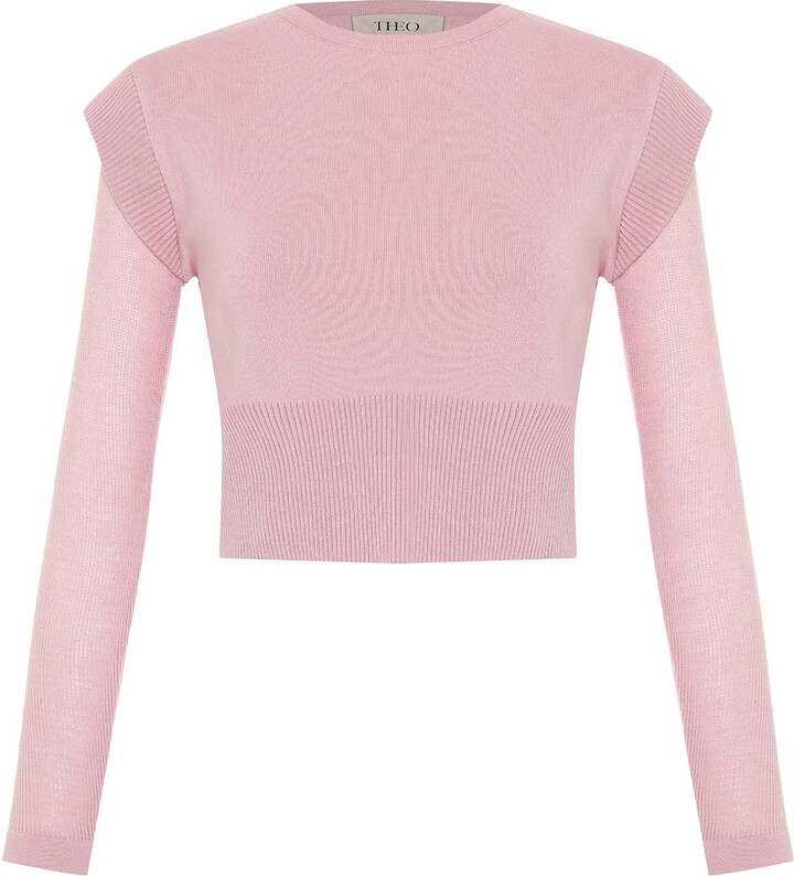 Theo the Label Pink Nomia Sheer Sleeve Crew Neck Sweater - Powder Puff