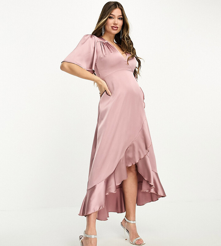 Flounce London Maternity wrap front satin midi dress with flutter sleeves  in heather rose - ShopStyle