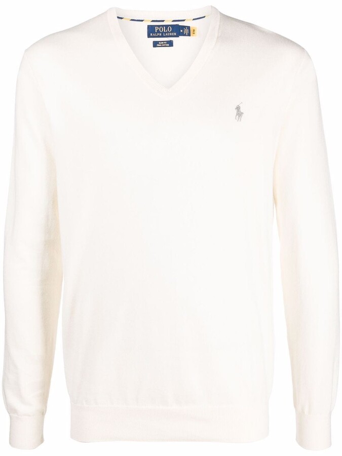 Mens White Cotton V-neck Sweater | Shop the world's largest 