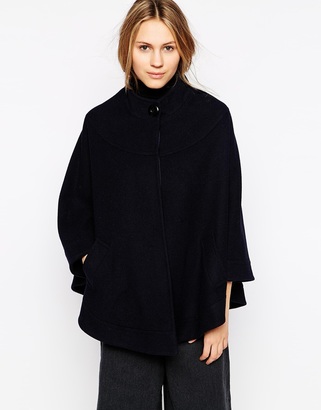 Helene Berman Collarless Cape with Concealed Button Front - Navy