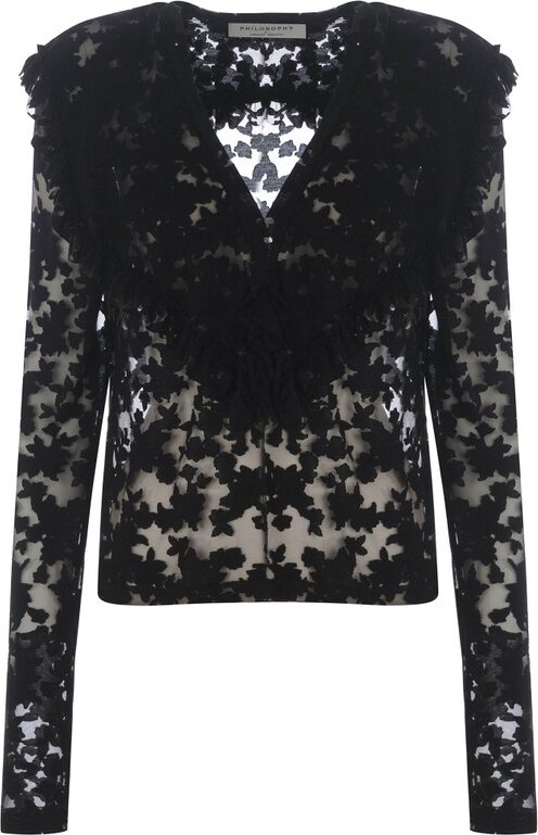 Philosophy di Lorenzo Serafini Floral-Motif V-Neck Semi-Sheer Blouse
