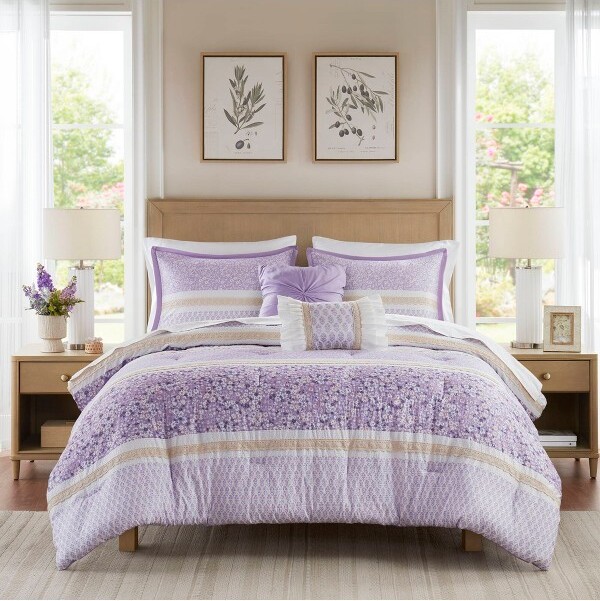 AENKYO4-PieceDuvetSetPurpleSeersuckerDaisyPatternBedComforterSetwithThrowPillowComfortableCoverletBeddingSets