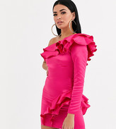 Thumbnail for your product : Flounce London one shoulder frill satin mini dress in fuchsia