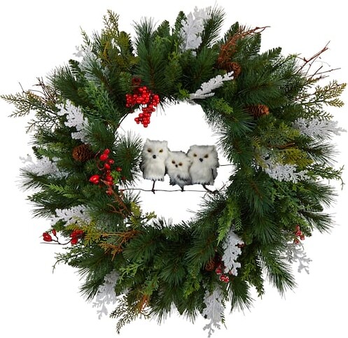 Nearly Natural 24" Holiday Winter Owl Family Pinecone Berry Christmas Wreath By in Green