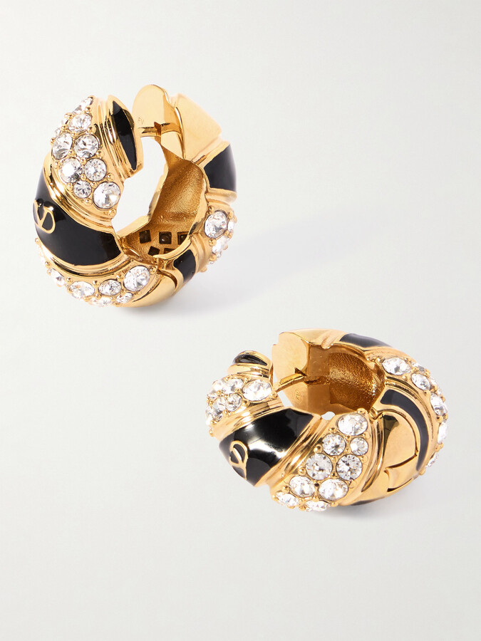 Valentino Garavani Gold-tone, Crystal And Enamel Hoop Earrings - One size