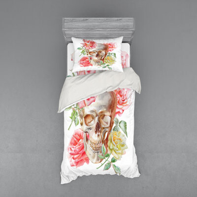 Ambesonne Skull with Roses Living and the Dead Humor Romantic Evil Face Image Art Duvet Cover Set