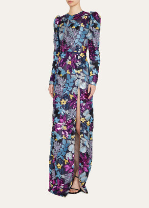 J. Mendel Floral-Embroidered Sequined Column Gown