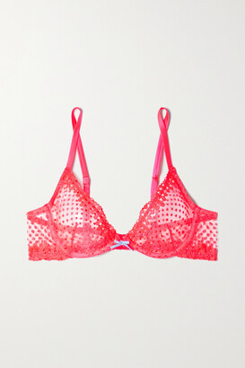 Fleur Du Mal Dotty Satin-trimmed Embroidered Stretch-tulle Underwired Soft-cup Bra - Bright pink