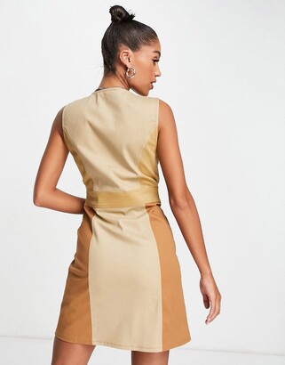 ASOS DESIGN button through color block twill 70s pinny mini dress