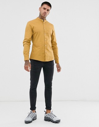 ASOS DESIGN stretch slim smart shirt in mustard with grandad collar
