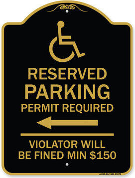 Signmission Designer Sign - Modern Isa Symbol) Connecticut Reserved Parking Permit Required Violators Will Be Fined Min $150 (With Left Arrow) | Black