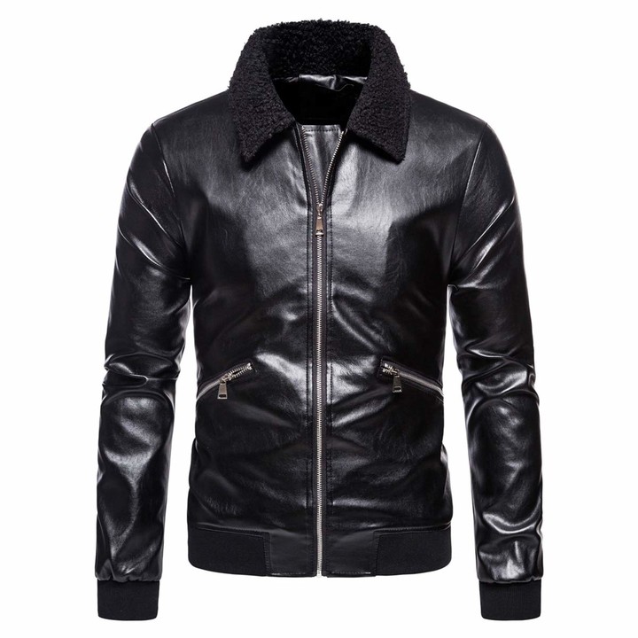 AOWOFS Men's Fur Collar Lapel Jacket Faux Soft Leather Smart Fit Jacket  Stylish Coat Windproof Black - ShopStyle