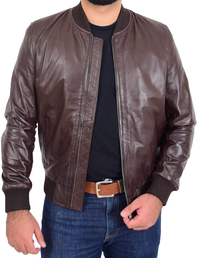 Hol Mens Soft Leather MA-1 Bomber Jacket Varsity Style Ryan Brown (XXL ...