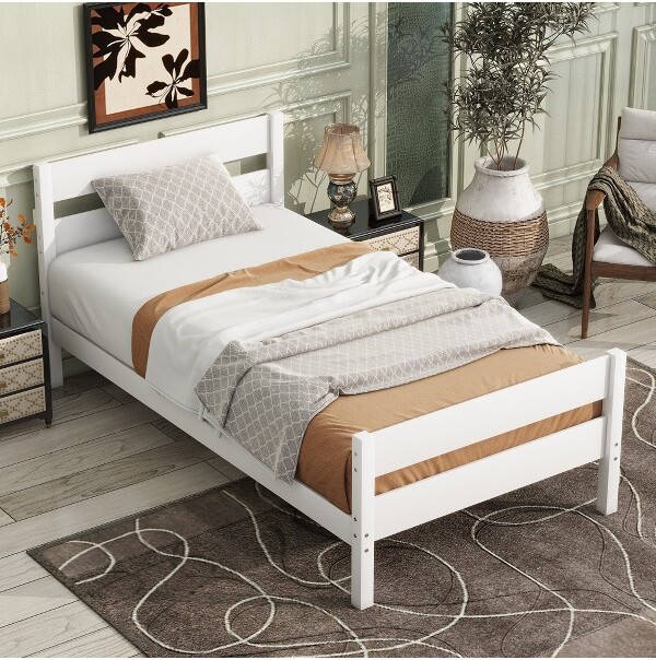FONTOITwinBedFramewithSinglePanelHeadboardFootboard,WoodenPlatformBed,WoodSlatSupportMattressFoundation,White,78.3\