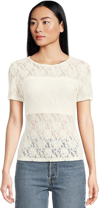 Hanky Panky Signature Lace Short Sleeve Top Women's Clothing Marshmallow : MD, Nylon/Sheer