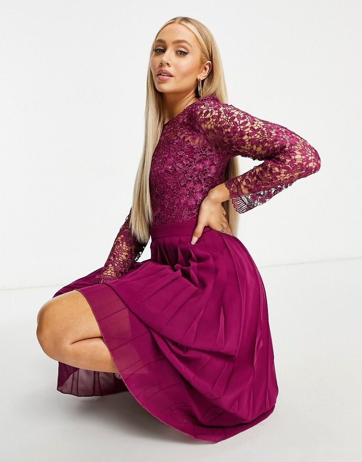 Chi Chi London lace top pleated skirt midi dress in berry pink - ShopStyle
