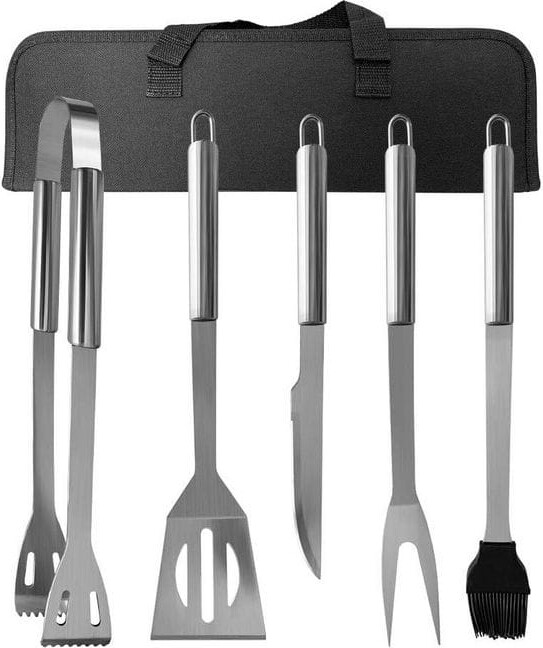 Anqtovp Stainless Steel 5-Piece BBQ Grill Tools Set with Carrying Case Spatula Tongs Fork Knife Basting Brush