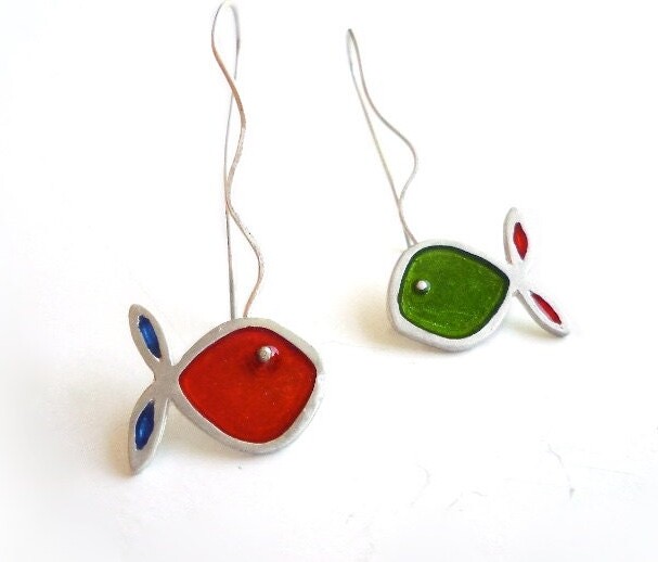 Etsy Multicolour Fish Earrings - Sterling Silver Asymmetrical