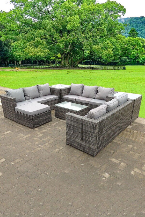 Fimous Rattan Furniture Set U Shape Sofas Coffee Table Lounge 10 Seater