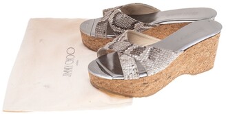 Jimmy Choo Grey Python Embossed Leather Wedge Sandals Size 37.5