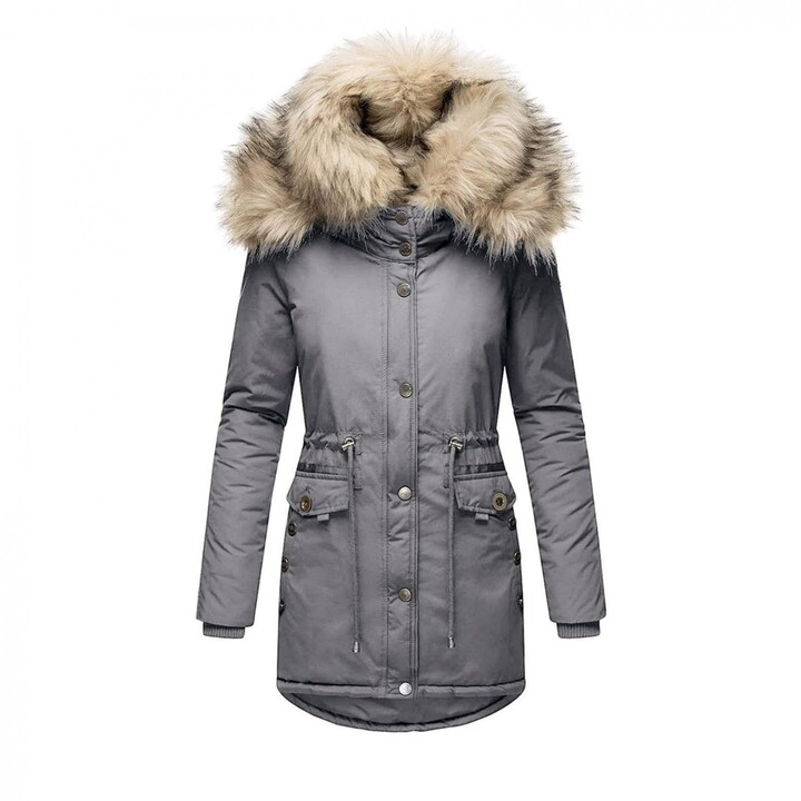 Womens Winter Faux Fur Collar Lined Thicken Jacket Parka Outerwear Warm Hooded Long Coat 